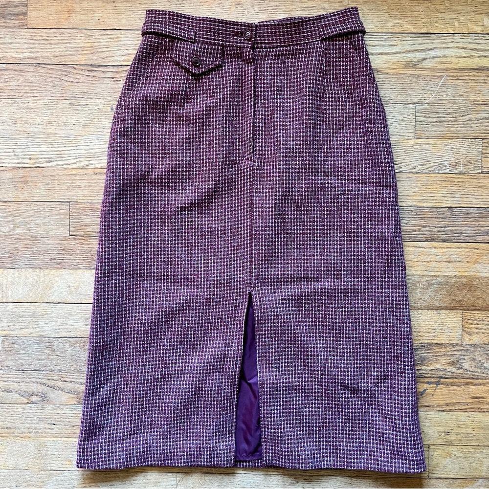 Vintage 70s Maroon Cream High Waist Pockets Business Casual Midi Skirt 28” Small